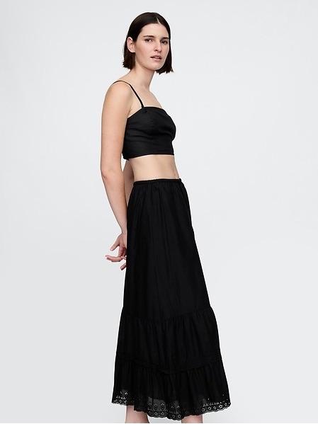 Nwt! Gap Black Easy Tiered Eyelet Maxi Skirt - Size Xs